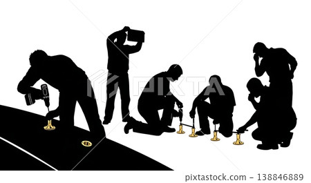 Black Solid Brass Thru Hull Fitting Installation Silhouettes Set of Six on White Background Black Solid Brass Thru Hull Fitting Installation Silhouettes Set of Six on White Background 138846889