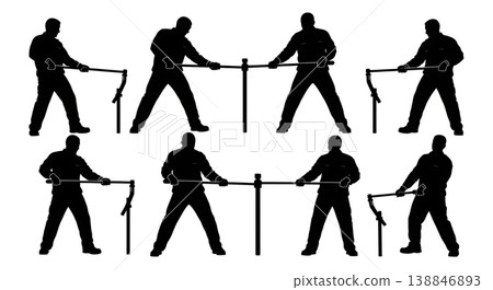 Black Solid Breaker Bar Stuck Bolt Loosening Silhouettes Set of Six on White Background Black Solid Breaker Bar Stuck Bolt Loosening Silhouettes Set of Six on White Background 138846893