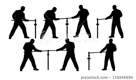Black Solid Breaker Bar Stuck Bolt Loosening Silhouettes Set of Six on White Background Black Solid Breaker Bar Stuck Bolt Loosening Silhouettes Set of Six on White Background 138846894