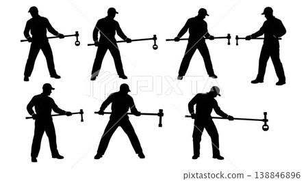 Black Solid Breaker Bar Stuck Bolt Loosening Silhouettes Set of Six on White Background Black Solid Breaker Bar Stuck Bolt Loosening Silhouettes Set of Six on White Background 138846896