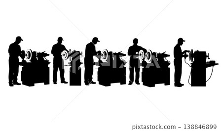 Black Solid Brake Rotor Lathe Resurfacing Silhouettes Set of Six on White Background Black Solid Brake Rotor Lathe Resurfacing Silhouettes Set of Six on White Background 138846899