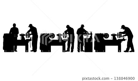 Black Solid Brake Rotor Lathe Resurfacing Silhouettes Set of Six on White Background Black Solid Brake Rotor Lathe Resurfacing Silhouettes Set of Six on White Background 138846900