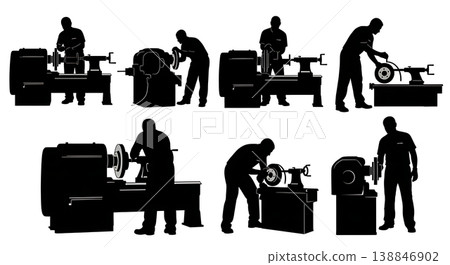 Black Solid Brake Rotor Lathe Resurfacing Silhouettes Set of Six on White Background 138846902