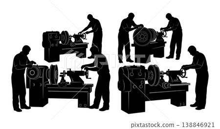 Black Solid Brake Drum Lathe Turning Silhouettes Set of Six on White Background Black Solid Brake Drum Lathe Turning Silhouettes Set of Six on White Background 138846921