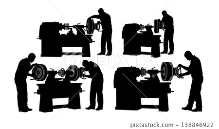 Black Solid Brake Drum Lathe Turning Silhouettes Set of Six on White Background 138846922