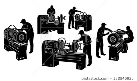 Black Solid Brake Drum Lathe Turning Silhouettes Set of Six on White Background 138846923