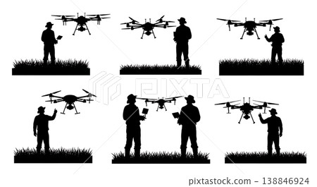 Black Solid Boot Wearing Farming Drone Pilot Silhouettes Set of Six on White Background 138846924