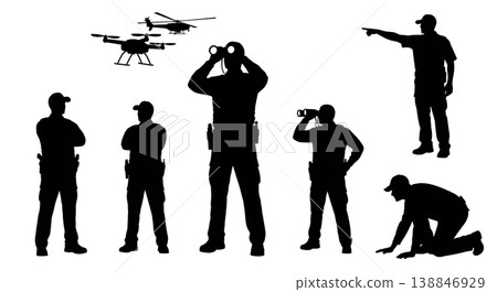 Black Solid Border Patrol Aerial Scanner Silhouettes Set of Six on White Background 138846929