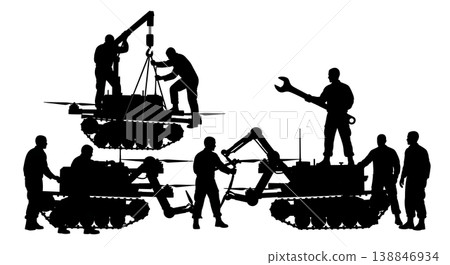 Black Solid Bomb Drone Tread Replacement Technicians Silhouettes Set of Six on White Background Black Solid Bomb Drone Tread Replacement Technicians Silhouettes Set of Six on White Background 138846934