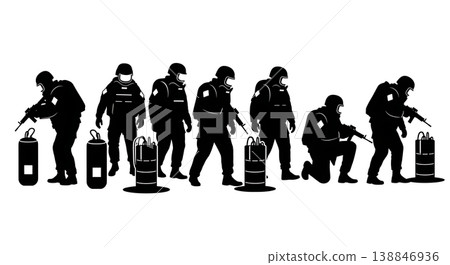 Black Solid Bomb Squad IED Approach Technicians Silhouettes Set of Six on White Background Black Solid Bomb Squad IED Approach Technicians Silhouettes Set of Six on White Background 138846936