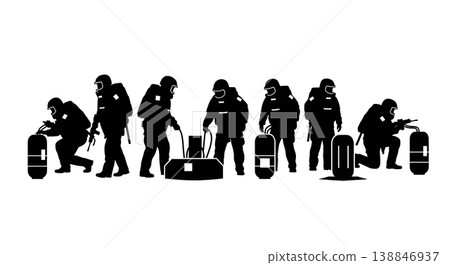 Black Solid Bomb Squad IED Approach Technicians Silhouettes Set of Six on White Background Black Solid Bomb Squad IED Approach Technicians Silhouettes Set of Six on White Background 138846937
