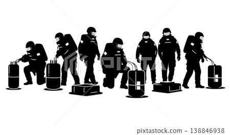 Black Solid Bomb Squad IED Approach Technicians Silhouettes Set of Six on White Background Black Solid Bomb Squad IED Approach Technicians Silhouettes Set of Six on White Background 138846938