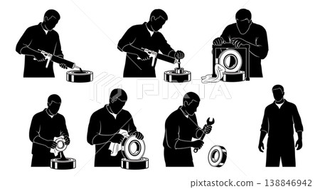 Black Solid Boat Trailer Wheel Bearing Repacking Silhouettes Set of Six on White Background 138846942