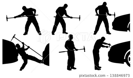 Black Solid Body Dent Pulling Slide Hammer Silhouettes Set of Six on White Background Black Solid Body Dent Pulling Slide Hammer Silhouettes Set of Six on White Background 138846973