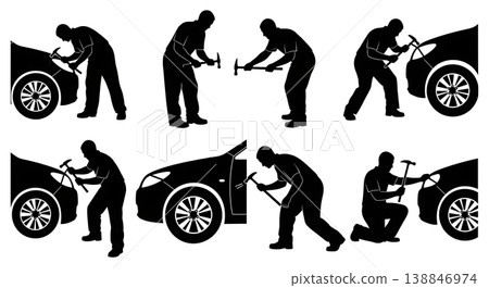 Black Solid Body Dent Pulling Slide Hammer Silhouettes Set of Six on White Background Black Solid Body Dent Pulling Slide Hammer Silhouettes Set of Six on White Background 138846974