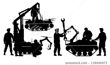 Black Solid Bomb Drone Tread Replacement Technicians Silhouettes Set of Six on White Background Black Solid Bomb Drone Tread Replacement Technicians Silhouettes Set of Six on White Background 138846975