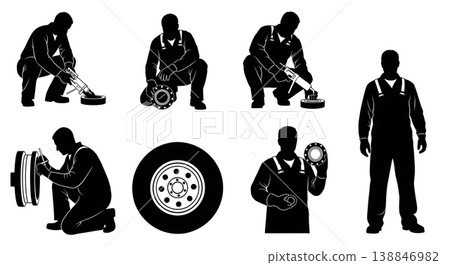 Black Solid Boat Trailer Wheel Bearing Repacking Silhouettes Set of Six on White Background 138846982