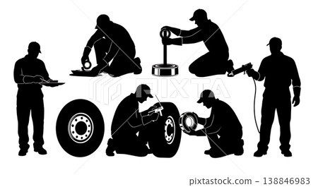 Black Solid Boat Trailer Wheel Bearing Repacking Silhouettes Set of Six on White Background Black Solid Boat Trailer Wheel Bearing Repacking Silhouettes Set of Six on White Background 138846983