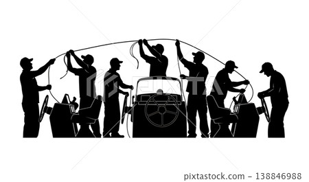 Black Solid Boat Helm Wiring Routing Silhouettes Set of Six on White Background 138846988