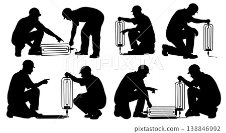 Black Solid Boat Hot Water Heater Repair Silhouettes Set of Six on White Background 138846992