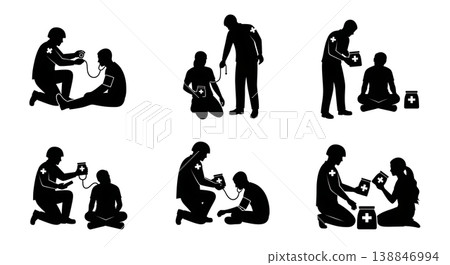 Black Solid Survivor Blood Pressure Check Silhouettes Set Of Six On White Background Black Solid Survivor Blood Pressure Check Silhouettes Set Of Six On White Background 138846994