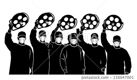 Black Solid Trauma Surgeon Surgical Light Silhouettes Set Of Six On White Background 138847001