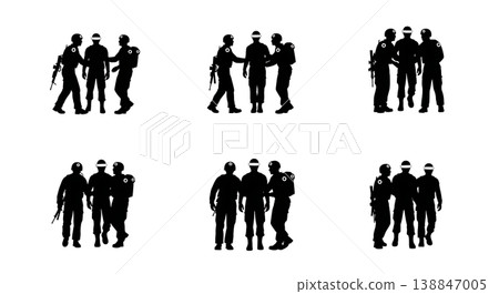 Black Solid Medic Guiding Blind Soldier Silhouettes Set Of Six On White Background Black Solid Medic Guiding Blind Soldier Silhouettes Set Of Six On White Background 138847005