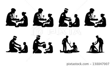 Black Solid Survivor Blood Pressure Check Silhouettes Set Of Six On White Background Black Solid Survivor Blood Pressure Check Silhouettes Set Of Six On White Background 138847007