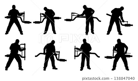Black Solid Bending Custom Steel Exhaust Pipe Mechanic Silhouettes Set of Six on White Background Black Solid Bending Custom Steel Exhaust Pipe Mechanic Silhouettes Set of Six on White Background 138847040