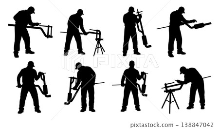 Black Solid Bending Custom Steel Exhaust Pipe Mechanic Silhouettes Set of Six on White Background Black Solid Bending Custom Steel Exhaust Pipe Mechanic Silhouettes Set of Six on White Background 138847042