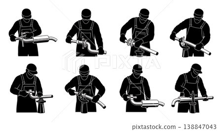 Black Solid Bending Custom Steel Exhaust Pipe Mechanic Silhouettes Set of Six on White Background Black Solid Bending Custom Steel Exhaust Pipe Mechanic Silhouettes Set of Six on White Background 138847043