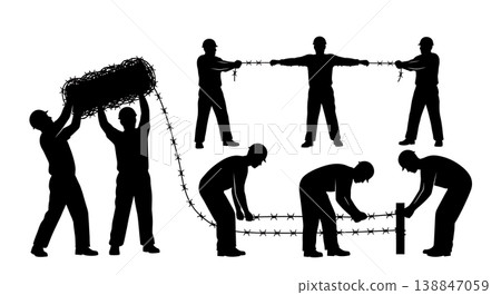 Black Solid Barbed Wire Stringing Silhouettes Set of Six on White Background 138847059