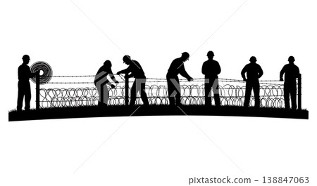 Black Solid Barbed Wire Stringing Silhouettes Set of Six on White Background Black Solid Barbed Wire Stringing Silhouettes Set of Six on White Background 138847063