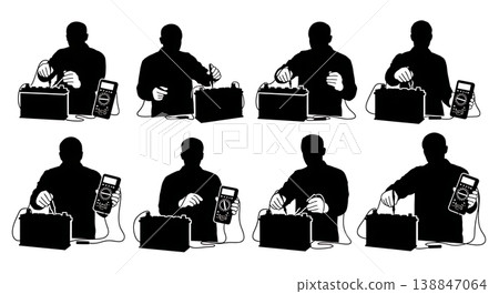Black Solid Battery Multimeter Testing Silhouettes Set of Six on White Background 138847064