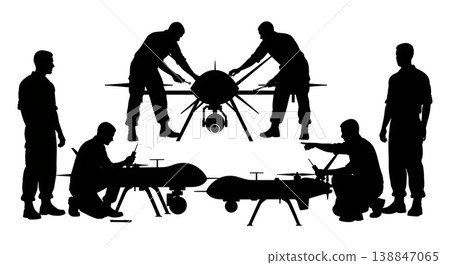 Black Solid Military Avionics Sensor Technicians Silhouettes Set of Six on White Background Black Solid Military Avionics Sensor Technicians Silhouettes Set of Six on White Background 138847065