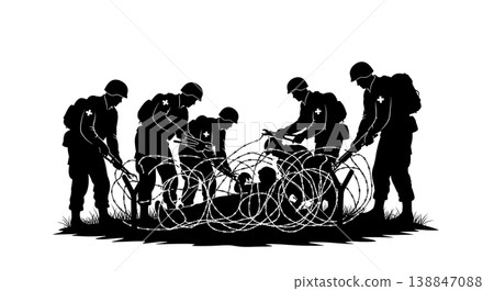 Black Solid Barbed Wire Extraction Medic Silhouettes Set Of Six On White Background Black Solid Barbed Wire Extraction Medic Silhouettes Set Of Six On White Background 138847088