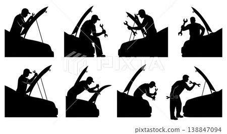 Black Solid Auto Mechanic Open Hood Silhouettes Set of Six on White Background 138847094