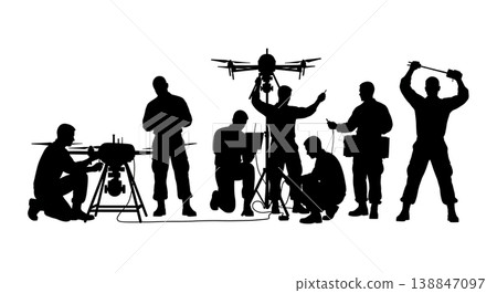 Black Solid Military Avionics Sensor Technicians Silhouettes Set of Six on White Background 138847097