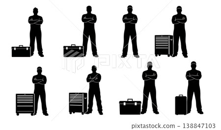Black Solid Auto Diagnostic Scanner Technician Silhouettes Set of Six on White Background 138847103