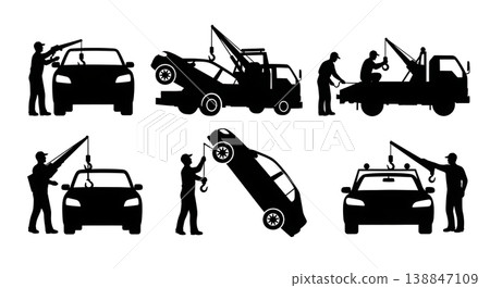 Black Solid Attaching Winch Hook Broken Vehicle Operator Silhouettes Set of Six on White Background Black Solid Attaching Winch Hook Broken Vehicle Operator Silhouettes Set of Six on White Background 138847109