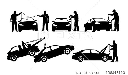 Black Solid Attaching Winch Hook Broken Vehicle Operator Silhouettes Set of Six on White Background Black Solid Attaching Winch Hook Broken Vehicle Operator Silhouettes Set of Six on White Background 138847110