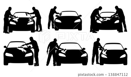 Black Solid Auto Body Filler Paste Application Silhouettes Set of Six on White Background 138847112