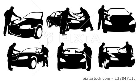 Black Solid Auto Body Filler Paste Application Silhouettes Set of Six on White Background 138847113
