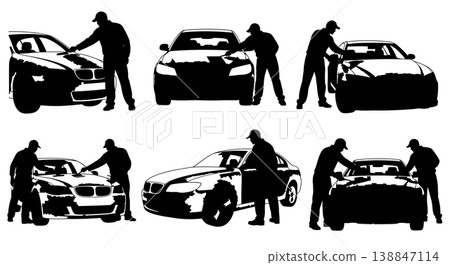 Black Solid Auto Body Filler Paste Application Silhouettes Set of Six on White Background 138847114