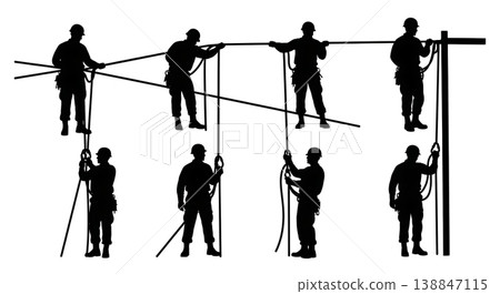 Black Solid Assembling Mobile Command Post Troop Silhouettes Set of Six on White Background Black Solid Assembling Mobile Command Post Troop Silhouettes Set of Six on White Background 138847115