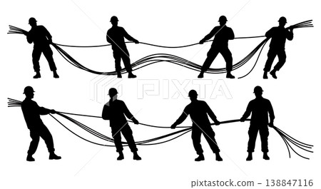 Black Solid Assembling Water Purification System Troop Silhouettes Set of Six on White Background 138847116