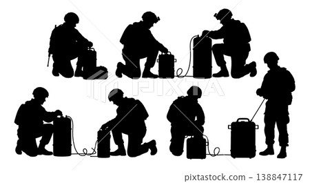 Black Solid Assembling Water Purification System Troop Silhouettes Set of Six on White Background 138847117