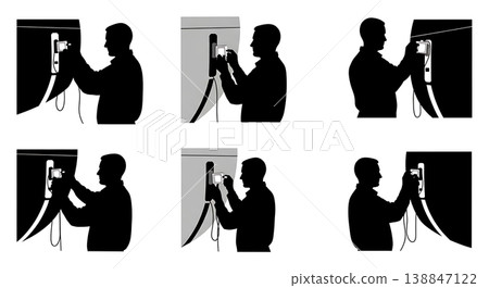 Black Solid Attaching Diagnostic Sensor Specialist Silhouettes Set of Six on White Background Black Solid Attaching Diagnostic Sensor Specialist Silhouettes Set of Six on White Background 138847122