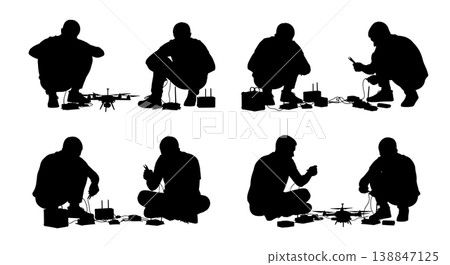 Black Solid Assembling DIY FPV Kit Silhouettes Set of Six on White Background Black Solid Assembling DIY FPV Kit Silhouettes Set of Six on White Background 138847125