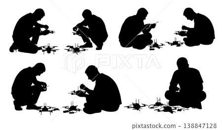 Black Solid Assembling DIY FPV Kit Silhouettes Set of Six on White Background 138847128
